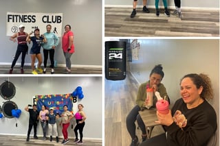 Collage of fitness club members at gym, showing group poses by wall sign, people exercising on wooden floor, equipment like a speed ball, and members with workout gear and dumbbells