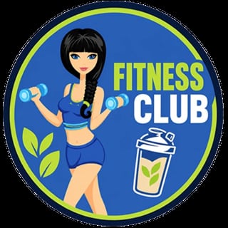 Fitness Club logo featuring a woman in blue workout attire holding dumbbells with a green leaf motif and water bottle icon