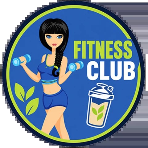 Fitness Club logo featuring a woman in blue workout attire holding dumbbells with a green leaf motif and water bottle icon